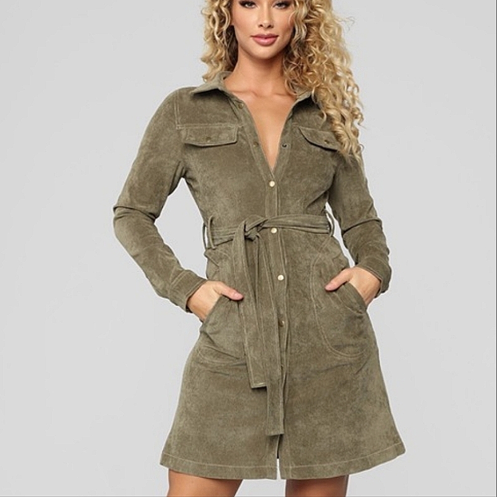 Fashion Nova Olive Corduroy Button Down Dress - Picture 1 of 6